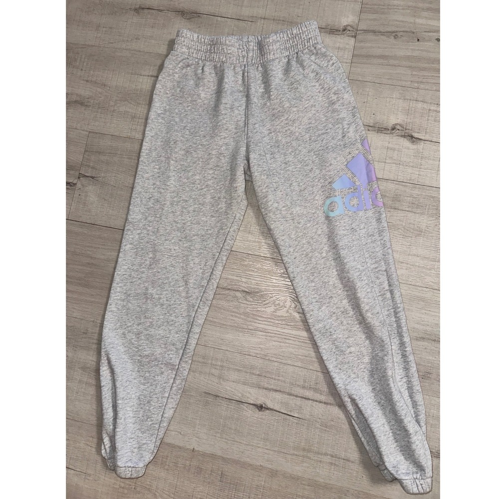 Adidas Girls Gray Heather Fleece Joggers Pastel Gradient Logo Sweatpants 10/12 M